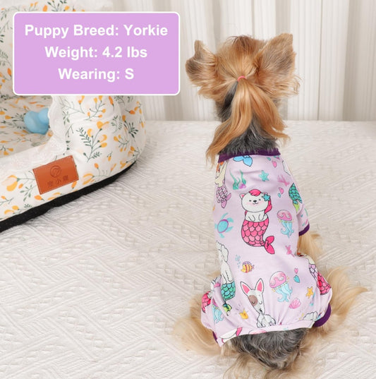 PawJamas™ Mermaid Edition MADE FOR FALL SPRING & SUMMWER: Our pet pajamas crafted in poly-cotton blend. The fabric of these puppy clothes is SOFT, STRETCHY and BREATHABLE. The dog pajamas is warm enough for all-day wear, sleep time. Your fur baby will be