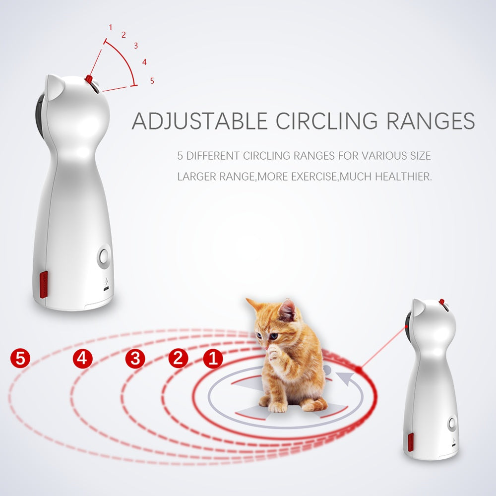LaserChase™ – Smart LED Toy for Cat Exercise Overview: 1.Laster light for all cats, best playmate for cats 2.Automatic cat teaser laser rotation 3.Adjustable circle ranges,5 different circling ranges 4.Handheld mode, let the owner and cats have the opport