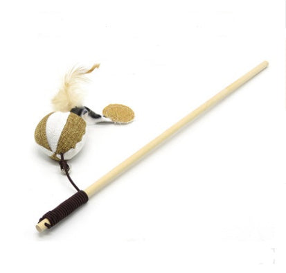 Handmade Wooden Cat Teaser – Fun Stick & Mouse Toy Product name: Solid wood funny cat stick toy Product material: solid wood hemp feather rope bell Feathers & Teasers