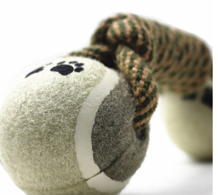 TugTennis™ Product Information: Product Name: Tennis cotton rope dumbbell toys Product Category: Knot toys Product specifications: Ball diameter 6.5cm, total length 25cm, error 1cm, Product weight: 200g Material: cotton and linen rope, elastic rubber ball