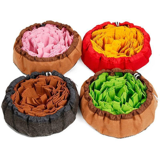 SniffMaze™ – Puzzle Mat for Smarter Meals Overview: PP belt storage Environmental protection felt cloth Specification: Material: Felt cloth Size: Storage: 26*26*13cm Bowl: 30*30*10cm Mat: 48*48*8 Weight: 240g Package Content: 1 x Mat Puzzles & Treat-Dispe
