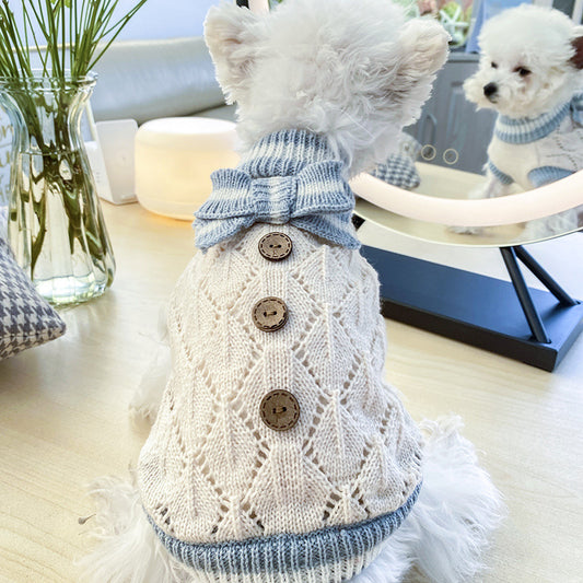 Cute Pet Sweater – Hollow Knit with Bow for Small Dogs & Cats Overview: 1. Winter Essential: This dog sweater is made of warm and comfortable knitted fabric, brings the warmth to your pet, no longer afraid of cold. 2. Popular Pattern: Designed with lattic
