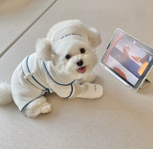 Pet Bath Towel & Robe Product Details: Material: absorbent towel fleece Product category: bath towel Applicable gender: general Color: eye mask-toy, slippers-toy, bath towel Size information: Size: S (within bust 41cm), M (within bust 52cm), L (within bus