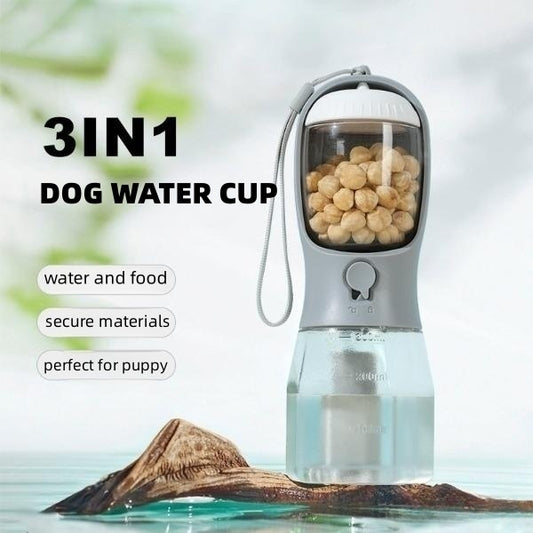 FurGo Multi-Cup Overview: 1. 3-in-1 Design: This pet water bottle features a built-in 300ml water, 100g food container, and waste bag compartment, providing all-in-one convenience for pet owners on the go. 2. Built-in Filtration System: The water dispense