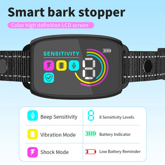 Smart Anti-Bark Collar Product information: Material: Plastic Why Pet Owners Love This Collar ā
Customized & Humane Bark Control With 4 training modesāBeep, Vibration, Beep + Vibration, and Beep + Vibration + Safe Shockāplus 8 adjustable sensitivity level