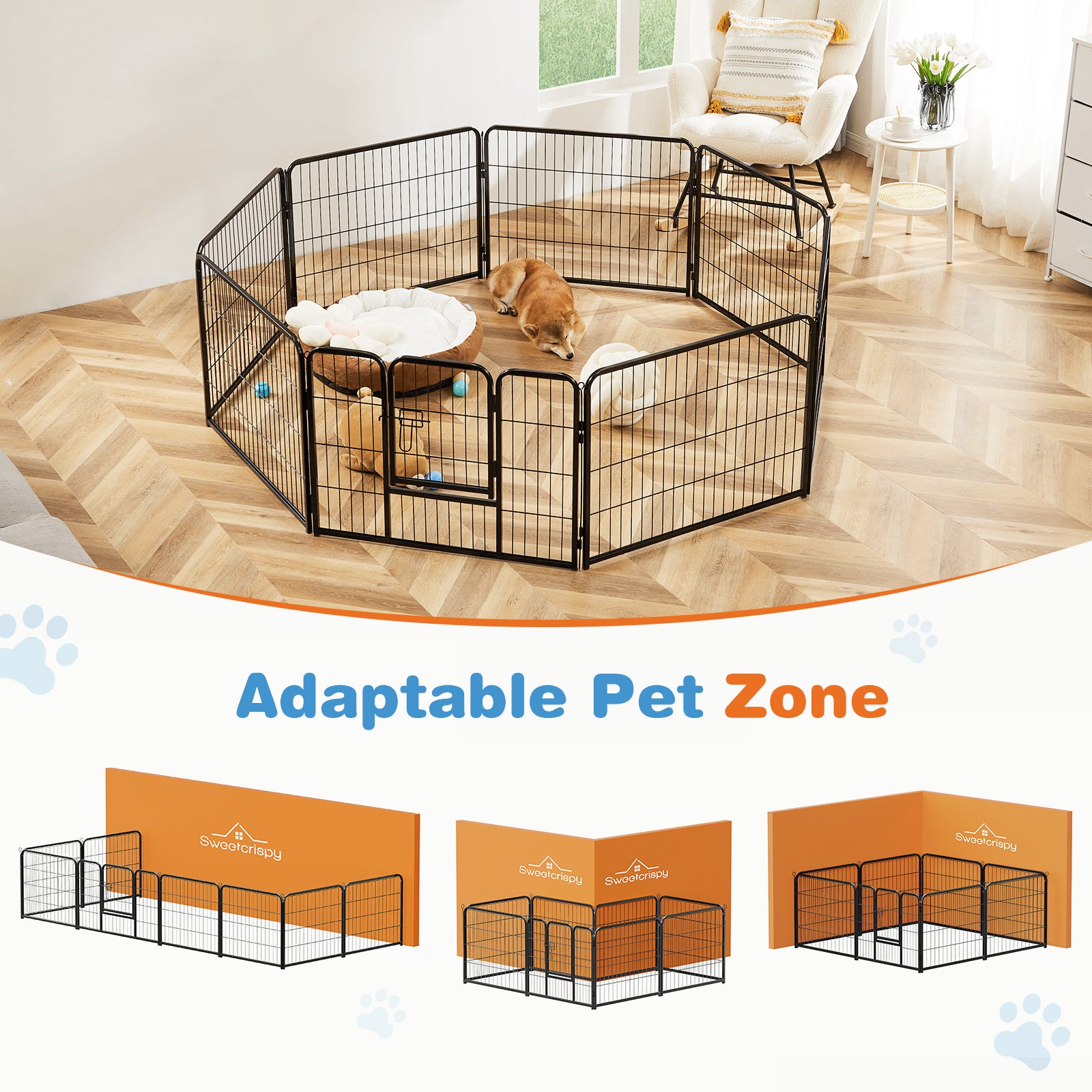 PawPlay Indoor Fence Dog Playpen – Model Specifications Model Code Panels Height (in) Configuration Assembled Dimensions (L × W × H) Package Size (L × W × H) Net Weight Gross Weight ZHUMI-DOGF-8S01-24S 8 Panels 23.60" Single Door 92.10" × 32.60" × 23.60"