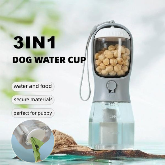FurGo Multi-Cup Overview: 1. 3-in-1 Design: This pet water bottle features a built-in 300ml water, 100g food container, and waste bag compartment, providing all-in-one convenience for pet owners on the go. 2. Built-in Filtration System: The water dispense