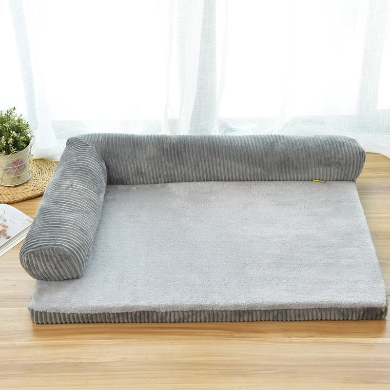 FlexiRest™ Pet Bed Product Name: Corduroy Pet Sofa Material: high-quality corduroy + non-slip cloth padding: high-density sponge Specifications: S ---- 55 * 45 * 13cm Recommended for pets under 8 kg M --- 70 * 55 * 15cm Recommended for pets under 25 kg L-