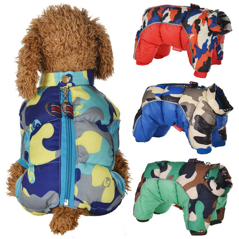 Cold Weather Dog Coat – Four-Legged Cotton Jacket New dog clothes autumn and winter pet camouflage cotton padded clothes waterproof and cold proof dog coat jacket four leg clothes cotton clothes Material: Cotton Product category: cotton padded clothes Sty