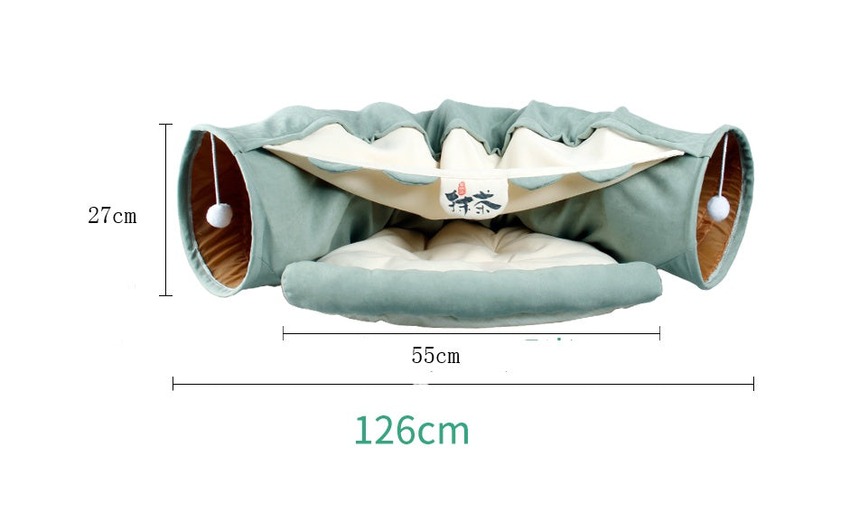 BunnyMaze – Foldable Pet Tunnel & Cozy Bed Combo Overview 1. High-quality material: Polyester keeps your cat comfortable and durable. 2.Collapsible: Easily folded up and can carry to outside. 3.With a mat for the cat to sleep. Specification Name of Produc