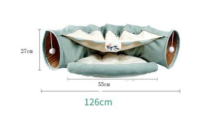 BunnyMaze – Foldable Pet Tunnel & Cozy Bed Combo Overview 1. High-quality material: Polyester keeps your cat comfortable and durable. 2.Collapsible: Easily folded up and can carry to outside. 3.With a mat for the cat to sleep. Specification Name of Produc