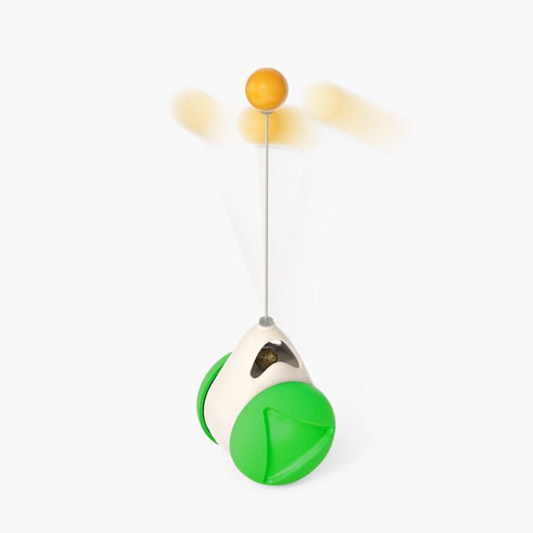 GlowSpin™ When the cat is playing, the toy can swing back and forth freely without falling over. Driven by the self-weight module at the bottom, the toy can be moved forward or backward by swinging. When the product is laid horizontally, the toy can also