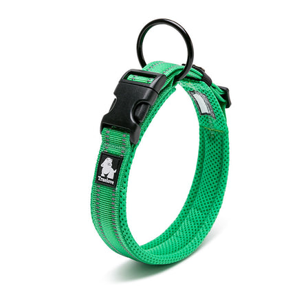 LumiLeash Describe: Type: reflective 3M soft padded dog collar Material: mesh, nylon, 3M reflective Color: orange, black, neon yellow, blue, fuchsia... Feature: 1. The nylon webbing with 3M reflective material ensures good visibility and safety when walki