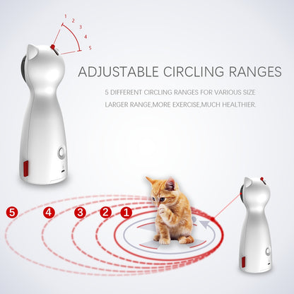 LaserChase™ – Smart LED Toy for Cat Exercise Overview: 1.Laster light for all cats, best playmate for cats 2.Automatic cat teaser laser rotation 3.Adjustable circle ranges,5 different circling ranges 4.Handheld mode, let the owner and cats have the opport