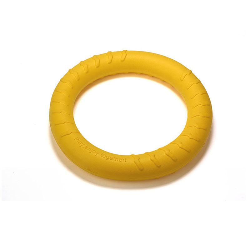 Tough Pull Ring – Interactive Training Toy for Dogs Overview Light material can float water. Convenient training and diverse gameplay This toy dog ring is environmental and non-toxic, It is gentle on a dog's mouth and owner's hand dog. It is super strong