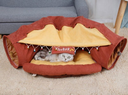 BunnyMaze – Foldable Pet Tunnel & Cozy Bed Combo Overview 1. High-quality material: Polyester keeps your cat comfortable and durable. 2.Collapsible: Easily folded up and can carry to outside. 3.With a mat for the cat to sleep. Specification Name of Produc