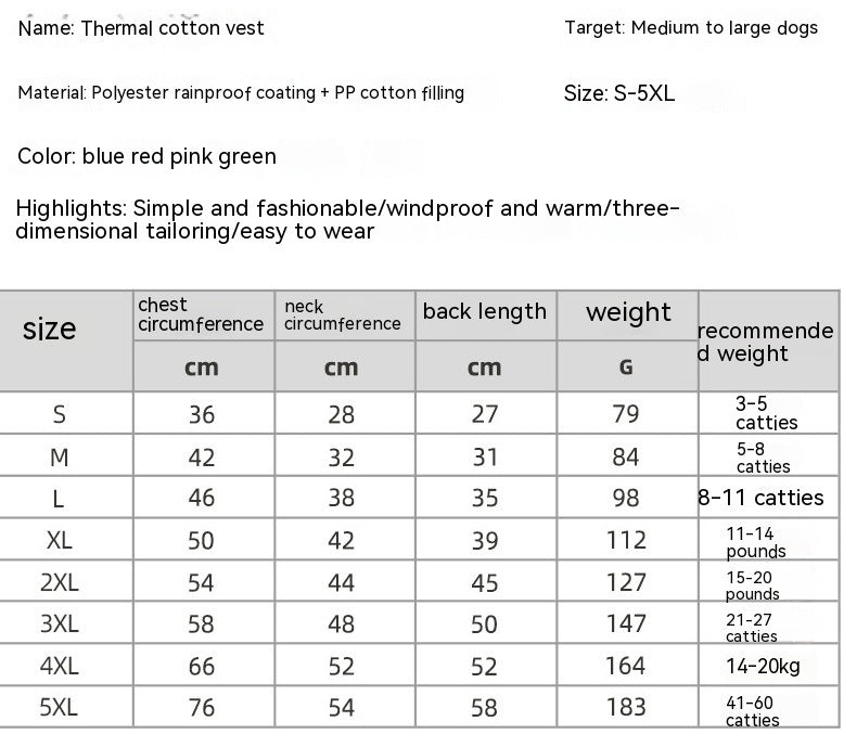 Thermal Pet Vest – Weatherproof Winter Dog Jacket Product information: Color: blue, red, pink, green, purple, yellow, orange, fluorescent green Size: S,M,L,XL,2XL,3XL,4XL,5XL Applicable gender: general Material: Cotton Style: European and American Import