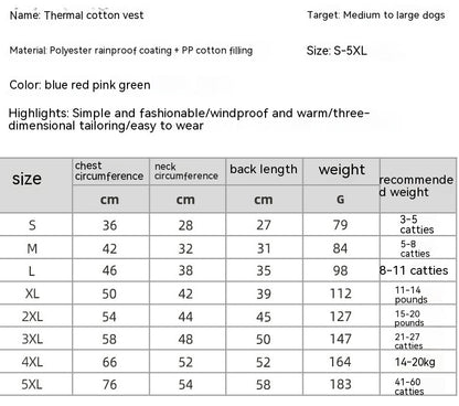 Thermal Pet Vest – Weatherproof Winter Dog Jacket Product information: Color: blue, red, pink, green, purple, yellow, orange, fluorescent green Size: S,M,L,XL,2XL,3XL,4XL,5XL Applicable gender: general Material: Cotton Style: European and American Import