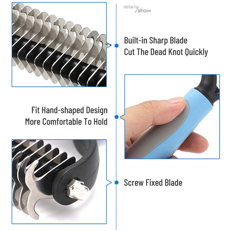 DualFur™ – 2-Sided Deshedding & Dematting Pet Comb Product Details： Dual-Sided Design: Start with 9 teeth side for stubborn mats and tangles and finish with 17 teeth side for thinning and de-shedding. Achieve faster and more professional de-matting and gr