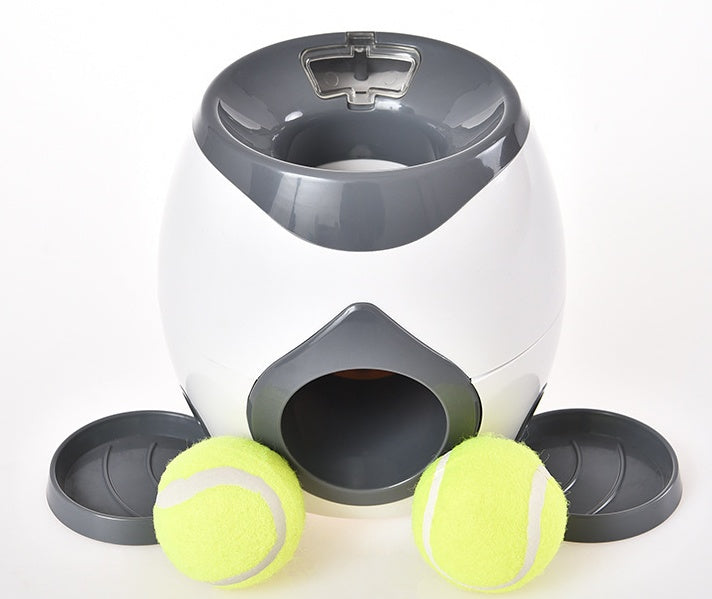 PlaySnack Overview: 1. This is a good helper to train your dogs. --Training your dog to put the ball into the machine --Wait for the ball roll out along the track (Please note the ball does not fly out by being launched) 2. The snack will also roll out al