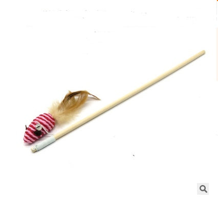 Handmade Wooden Cat Teaser – Fun Stick & Mouse Toy Product name: Solid wood funny cat stick toy Product material: solid wood hemp feather rope bell Feathers & Teasers