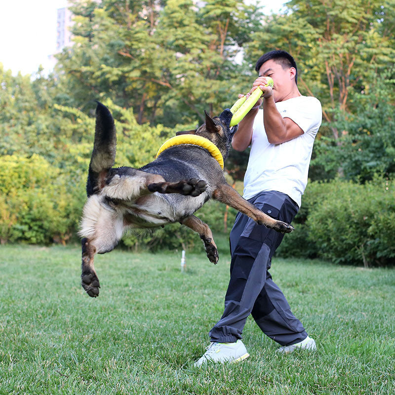 Tough Pull Ring – Interactive Training Toy for Dogs Overview Light material can float water. Convenient training and diverse gameplay This toy dog ring is environmental and non-toxic, It is gentle on a dog's mouth and owner's hand dog. It is super strong