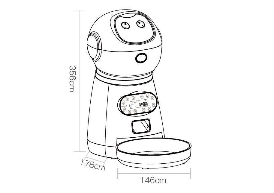 Paw® Feeder ●Grain storage barrel: Removable grain barrel, easy to clean ●Applicable food: 5mm-12mm dry food Manual feeding: single feeding once, about 5g each time ●Automatic feeding: maximum 4 meals per day, maximum 39 servings per meal, approximately 5