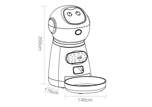 Paw® Feeder ●Grain storage barrel: Removable grain barrel, easy to clean ●Applicable food: 5mm-12mm dry food Manual feeding: single feeding once, about 5g each time ●Automatic feeding: maximum 4 meals per day, maximum 39 servings per meal, approximately 5