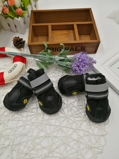PawTrek™ Everyday Dog Shoes Features: 1. Waterproof PVC sole helps keep your feet dry, so dogs can wear them on light snow or muddy and wet streets. 2. The non-slip sturdy sole provides a protective layer to withstand hot and cold surfaces such as ice and