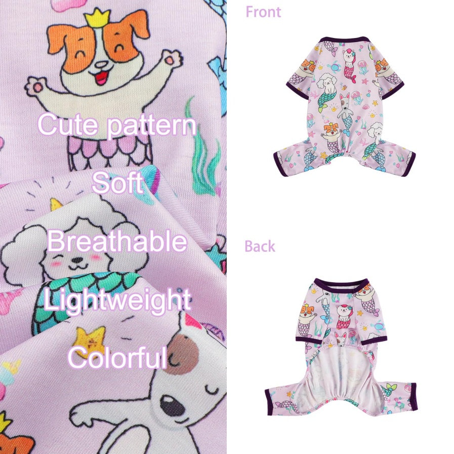 PawJamas™ Mermaid Edition MADE FOR FALL SPRING & SUMMWER: Our pet pajamas crafted in poly-cotton blend. The fabric of these puppy clothes is SOFT, STRETCHY and BREATHABLE. The dog pajamas is warm enough for all-day wear, sleep time. Your fur baby will be