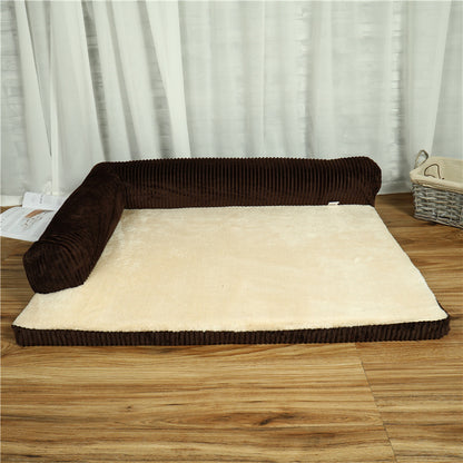 FlexiRest™ Pet Bed Product Name: Corduroy Pet Sofa Material: high-quality corduroy + non-slip cloth padding: high-density sponge Specifications: S ---- 55 * 45 * 13cm Recommended for pets under 8 kg M --- 70 * 55 * 15cm Recommended for pets under 25 kg L-
