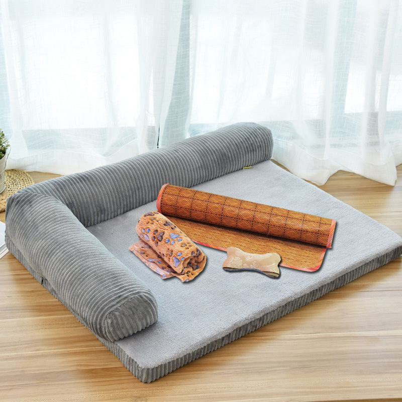 FlexiRest™ Pet Bed Product Name: Corduroy Pet Sofa Material: high-quality corduroy + non-slip cloth padding: high-density sponge Specifications: S ---- 55 * 45 * 13cm Recommended for pets under 8 kg M --- 70 * 55 * 15cm Recommended for pets under 25 kg L-