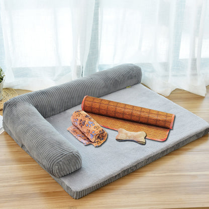 FlexiRest™ Pet Bed Product Name: Corduroy Pet Sofa Material: high-quality corduroy + non-slip cloth padding: high-density sponge Specifications: S ---- 55 * 45 * 13cm Recommended for pets under 8 kg M --- 70 * 55 * 15cm Recommended for pets under 25 kg L-