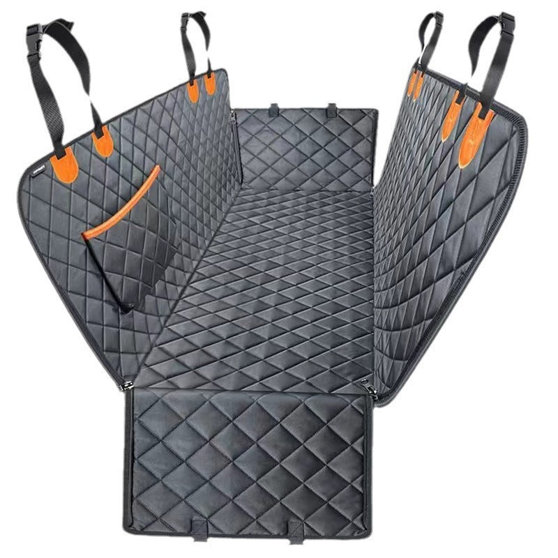 PetShield Car Mat Product information: Color: Orange with pocket, all black with pocket Specification: 137 * 147CM Material: cloth Applicable object: Dog Size: Packing list: Pet cloth car mat * 1 Product Image: Backseat Barriers