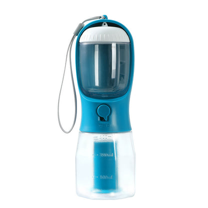 FurGo Multi-Cup Overview: 1. 3-in-1 Design: This pet water bottle features a built-in 300ml water, 100g food container, and waste bag compartment, providing all-in-one convenience for pet owners on the go. 2. Built-in Filtration System: The water dispense