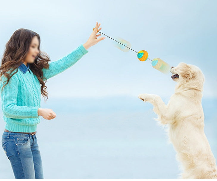 TugToss™ Overview 1. This is a pet toy that interacts with the main pet and integrates multiple functions such as automatic telescopic hand throwing ball, pet yo-yo, molar ball and so on. This toy can bring more fun to the dog. 2. The hand throwing ball h