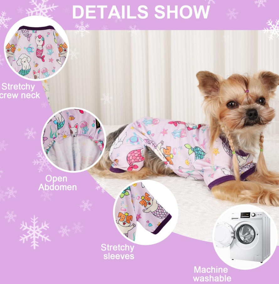 PawJamas™ Mermaid Edition MADE FOR FALL SPRING & SUMMWER: Our pet pajamas crafted in poly-cotton blend. The fabric of these puppy clothes is SOFT, STRETCHY and BREATHABLE. The dog pajamas is warm enough for all-day wear, sleep time. Your fur baby will be