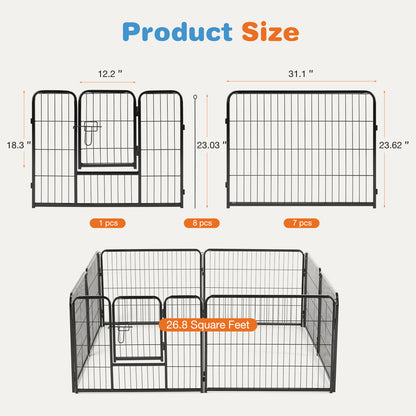PawPlay Indoor Fence Dog Playpen – Model Specifications Model Code Panels Height (in) Configuration Assembled Dimensions (L × W × H) Package Size (L × W × H) Net Weight Gross Weight ZHUMI-DOGF-8S01-24S 8 Panels 23.60" Single Door 92.10" × 32.60" × 23.60"