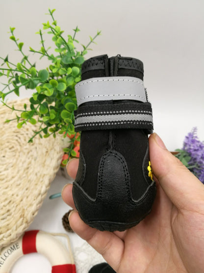 PawTrek™ Everyday Dog Shoes Features: 1. Waterproof PVC sole helps keep your feet dry, so dogs can wear them on light snow or muddy and wet streets. 2. The non-slip sturdy sole provides a protective layer to withstand hot and cold surfaces such as ice and
