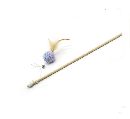 Handmade Wooden Cat Teaser – Fun Stick & Mouse Toy Product name: Solid wood funny cat stick toy Product material: solid wood hemp feather rope bell Feathers & Teasers