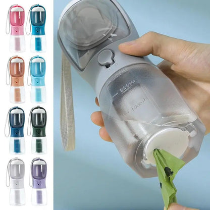 FurGo Multi-Cup Overview: 1. 3-in-1 Design: This pet water bottle features a built-in 300ml water, 100g food container, and waste bag compartment, providing all-in-one convenience for pet owners on the go. 2. Built-in Filtration System: The water dispense