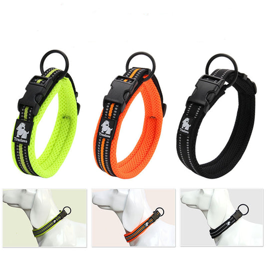 LumiLeash Describe: Type: reflective 3M soft padded dog collar Material: mesh, nylon, 3M reflective Color: orange, black, neon yellow, blue, fuchsia... Feature: 1. The nylon webbing with 3M reflective material ensures good visibility and safety when walki