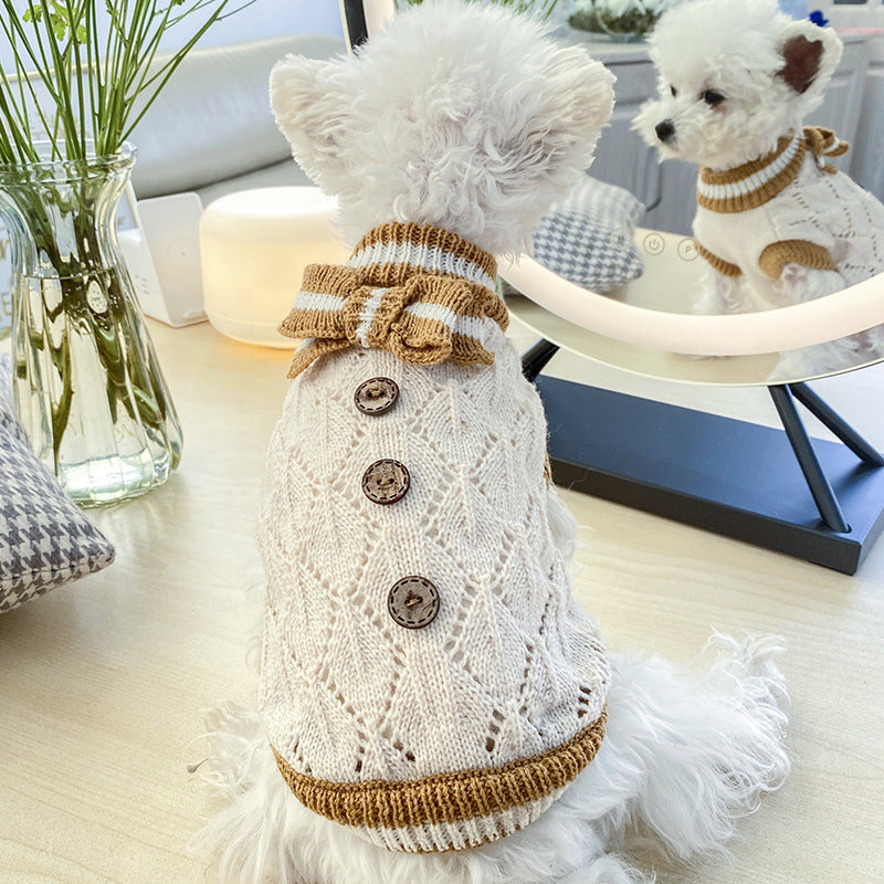 Cute Pet Sweater – Hollow Knit with Bow for Small Dogs & Cats Overview: 1. Winter Essential: This dog sweater is made of warm and comfortable knitted fabric, brings the warmth to your pet, no longer afraid of cold. 2. Popular Pattern: Designed with lattic