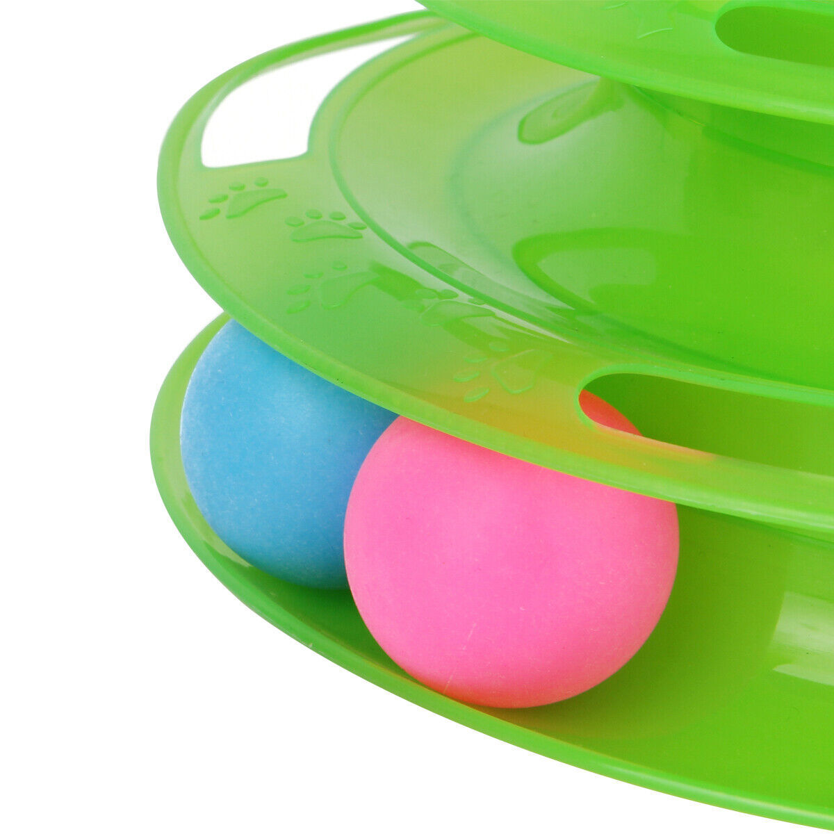TurboTower™ Features Stacked play station perfect for one or more cats Sturdy construction stands up to vigorous play Three levers for an exciting fun Balls spin and roll to excite kitty's desire to play Non-skid pads at the bottom Come with three colorfu