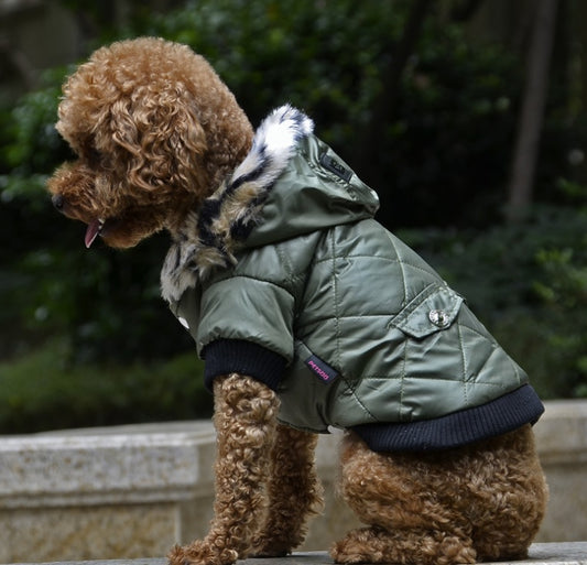 CozyRegal Fur Collar Dogwear Product Description: Item type: Pet clothing Material: Polyester spun, cotton, fleece Target audience: Dogs Size: Medium Season:Autumn, Winter Size： Size (XS, back, neck, chest): 5.91 / 15cm, 8.00 / 21cm, 11.00 / 29cm Size (S,