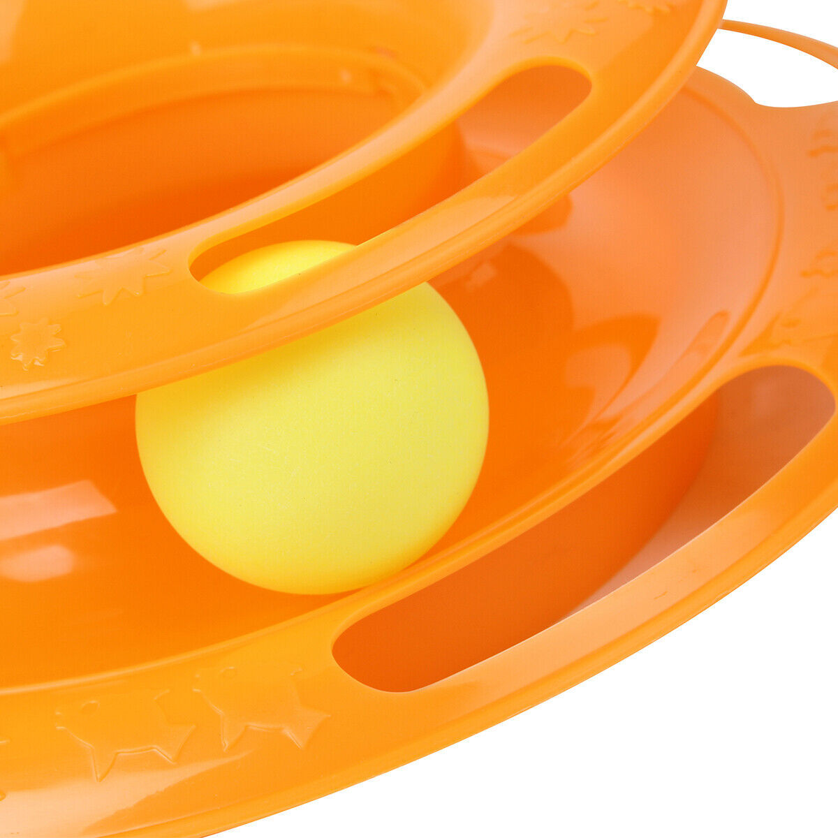 TurboTower™ Features Stacked play station perfect for one or more cats Sturdy construction stands up to vigorous play Three levers for an exciting fun Balls spin and roll to excite kitty's desire to play Non-skid pads at the bottom Come with three colorfu
