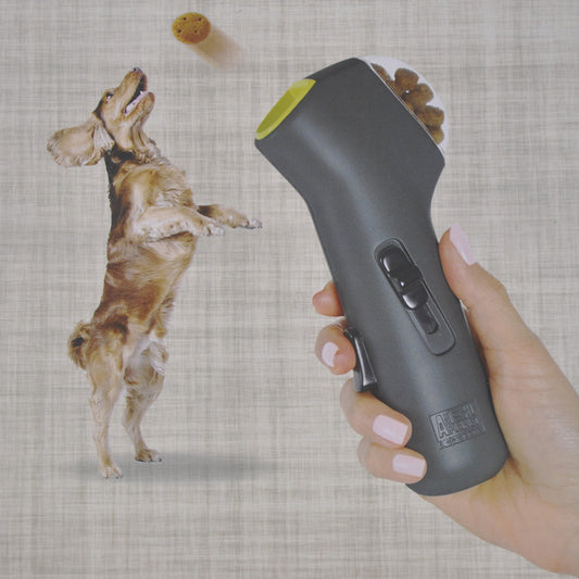 SmartBite Dog Game Overview: Raining missile firing interactions to stimulate pet activity. Have fun with pets and enjoy the good times. Specifications: Height 18cm Bottom length 7.5cm Width 3.5cm Material: PP Package Content: 1x Snack Launcher Dog Toys