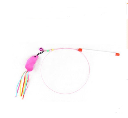 Handmade Wooden Cat Teaser – Fun Stick & Mouse Toy Product name: Solid wood funny cat stick toy Product material: solid wood hemp feather rope bell Feathers & Teasers