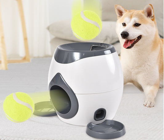 PlaySnack Overview: 1. This is a good helper to train your dogs. --Training your dog to put the ball into the machine --Wait for the ball roll out along the track (Please note the ball does not fly out by being launched) 2. The snack will also roll out al