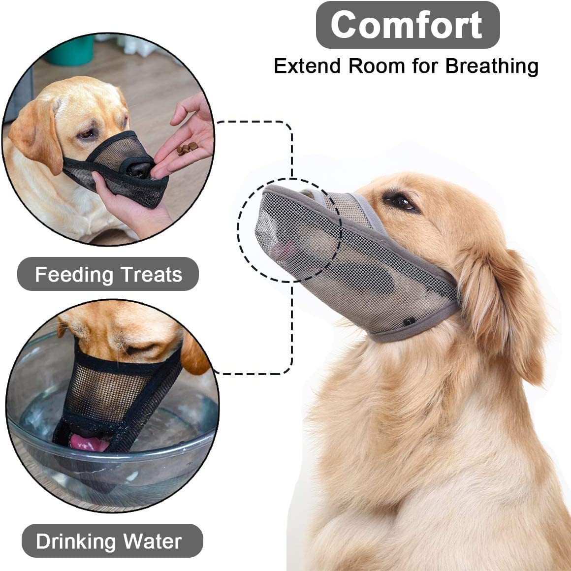 Anti-Bite Mask Dimensions Description Size Mouth circumference/CM Head circumference/CM Reference weight/KG XXS 10~ 13 23~ 27 3 to 5.5 XS 14~ 17 27~ 32 6~ 8.5 S 18~ 21 32~ 36 9~ 12.5 M 22~ 25 36~ 41 13~ 17.5 L 26~ 29 42~ 47 18~ 29 XL 29~ 33 48~ 56 34.5~ 4